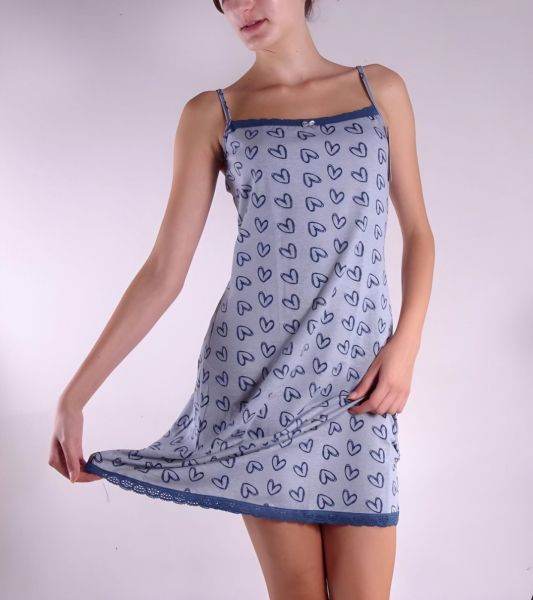 Cotton nightgown with thin straps Petrol hearts