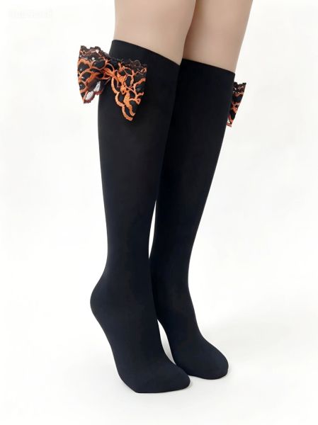 Women's 3/4 Socks, Black, with a Bold Black-and-Orange Lace Bow — Lace Bow