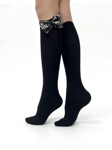 Women's 3/4 Socks, Black, with Handmade Black-and-White Lace Bow — Lace Bow
