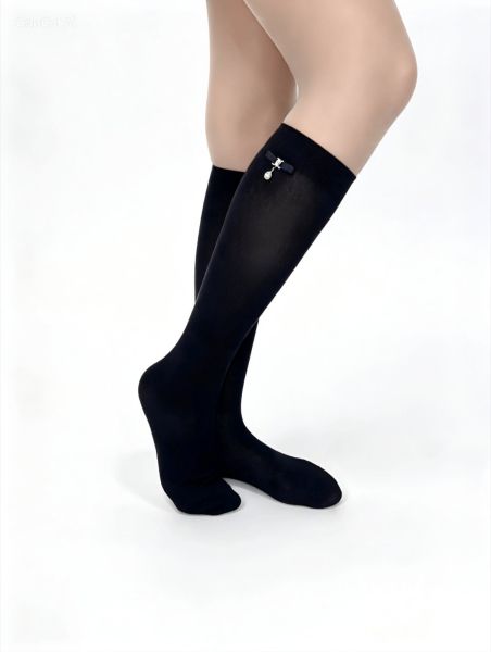 Women’s 3/4 Socks, Luxury, Black, with Faceted Crystal and Silver-Tone Charm — Diamond Drop