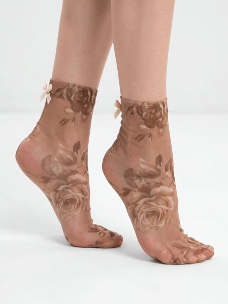 Women’s Tulle Socks, Beige, with Floral Print Nude Roses