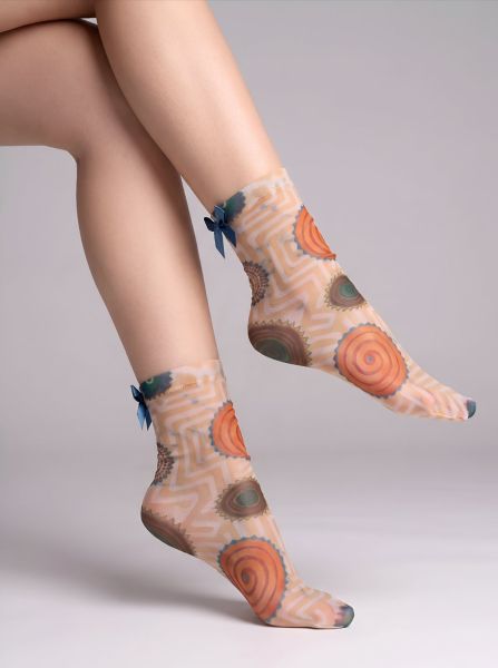 Women’s Tulle Socks, Beige, with Abstract Print Artistic